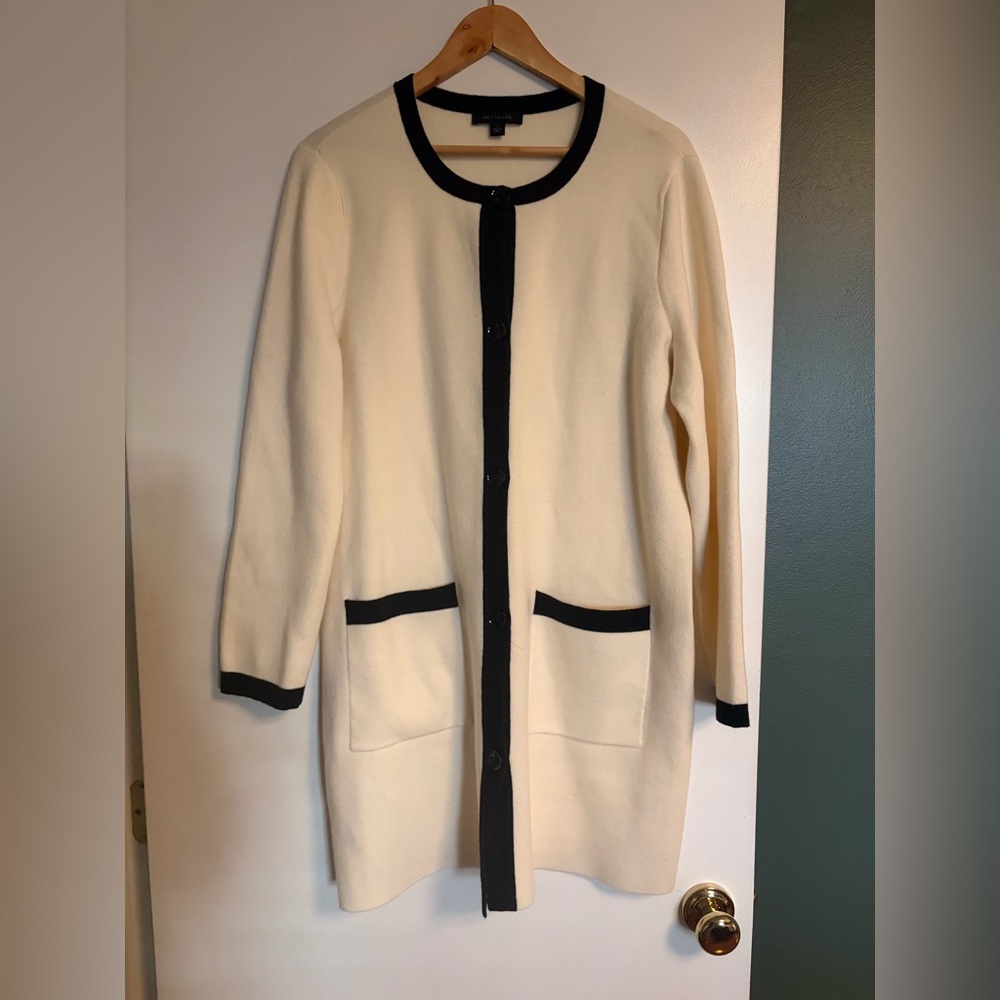 Ann Taylor Long Cardigan Tunic with Black Trim